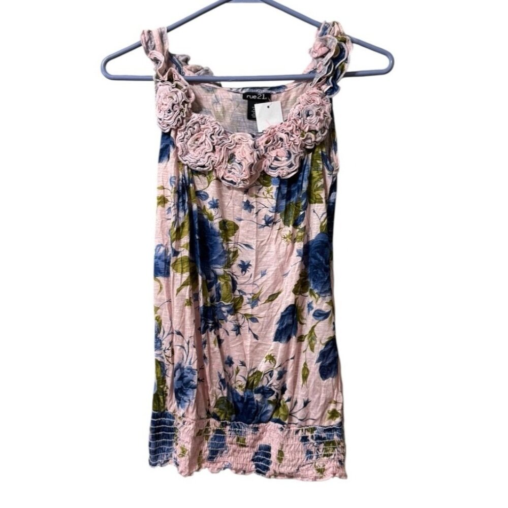Rue 21 Tank Top Small Ruffles Rayon Floral Stretch Lightweight Cottagecore NWT